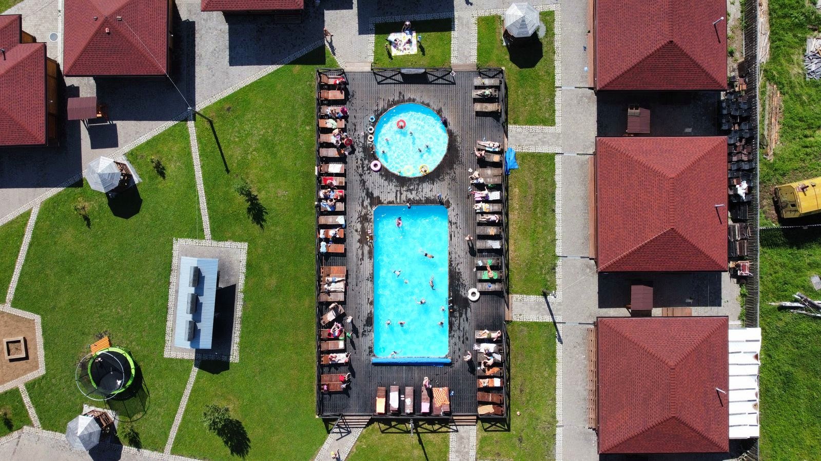 Aerial view of a resort pool deck