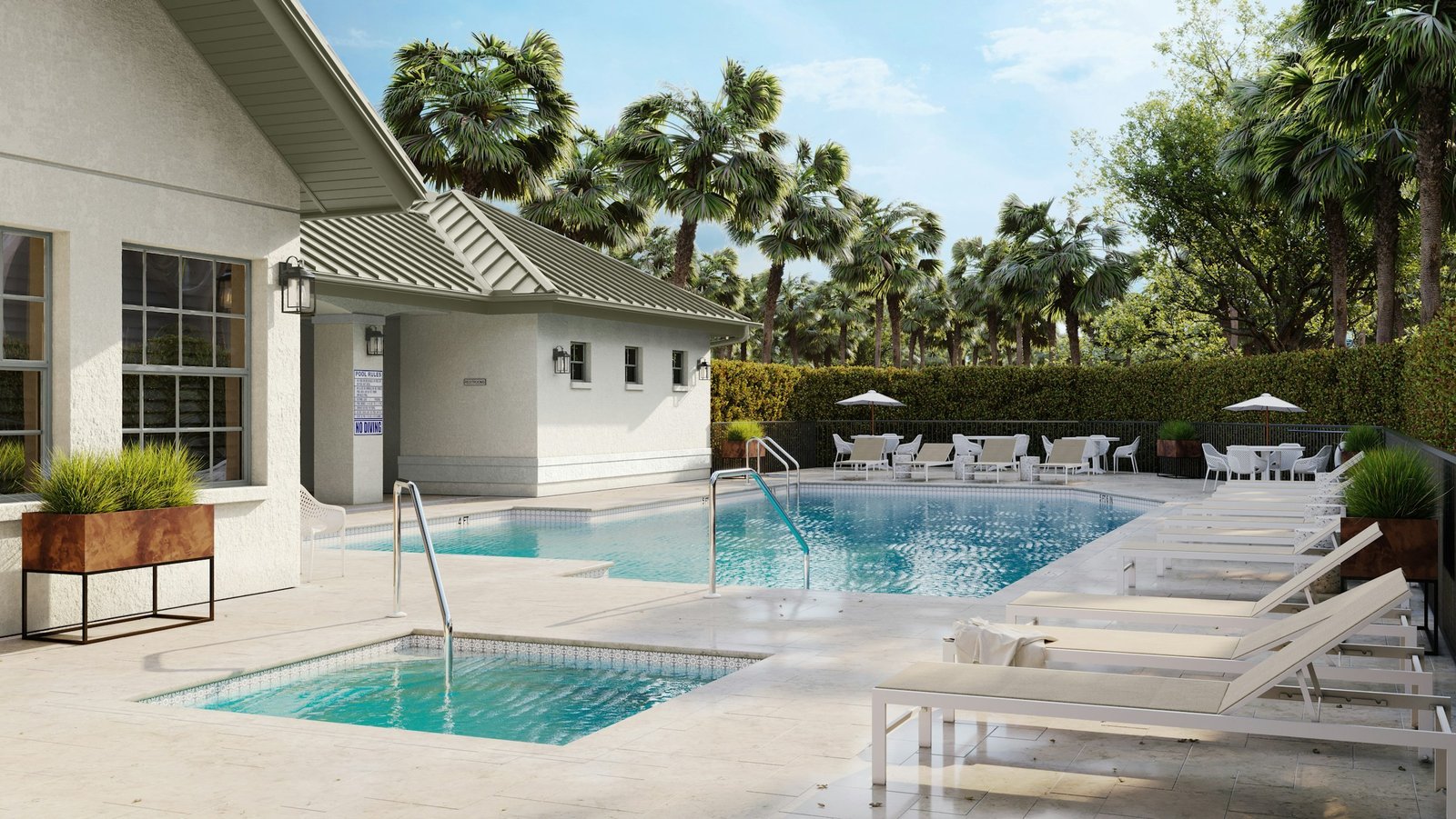 Crystal-clear resort swimming pool with palm trees and lounge chairs